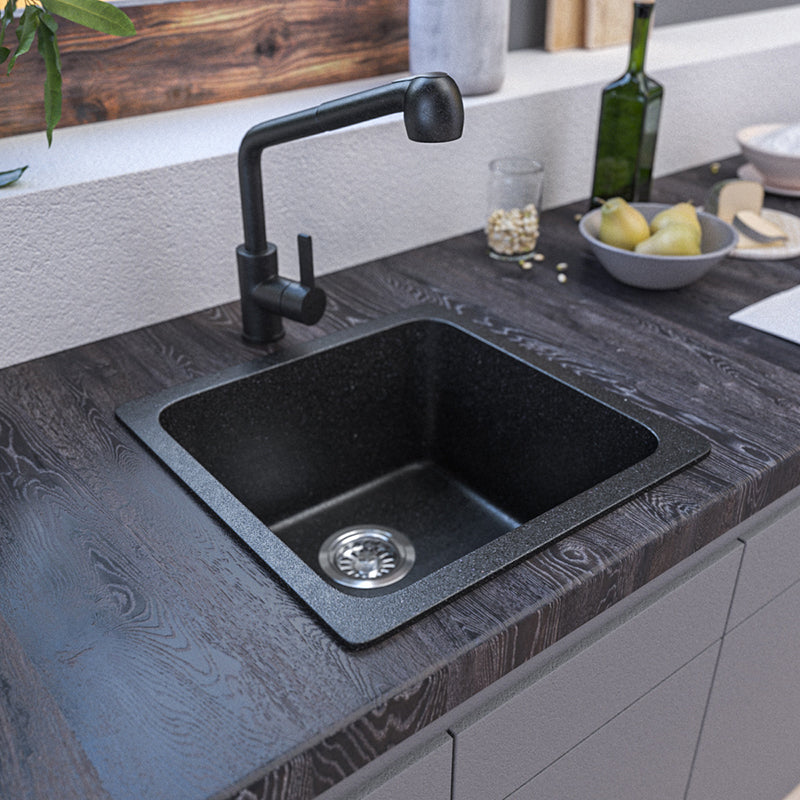 Contemporary Kitchen Sink Black Square Quartz Single Bowl without Faucet