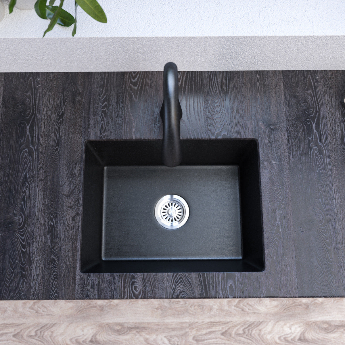 Contemporary Kitchen Sink Black Square Quartz Single Bowl without Faucet