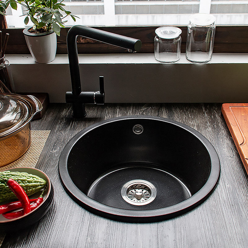 Contemporary Kitchen Sink Black Round Quartz Drop-In Single Bowl(Not Included Faucet)