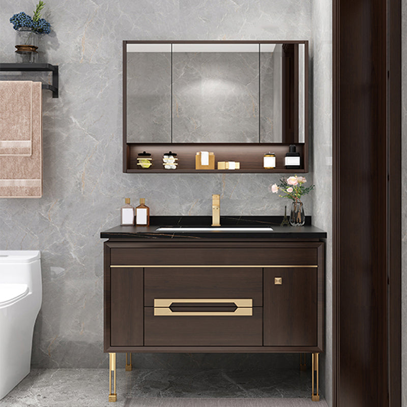 Freestanding Vanity Mirror Rectangle Single Sink Wood Frame Vanity Set with Drawers