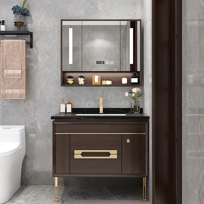 Freestanding Vanity Mirror Rectangle Single Sink Wood Frame Vanity Set with Drawers