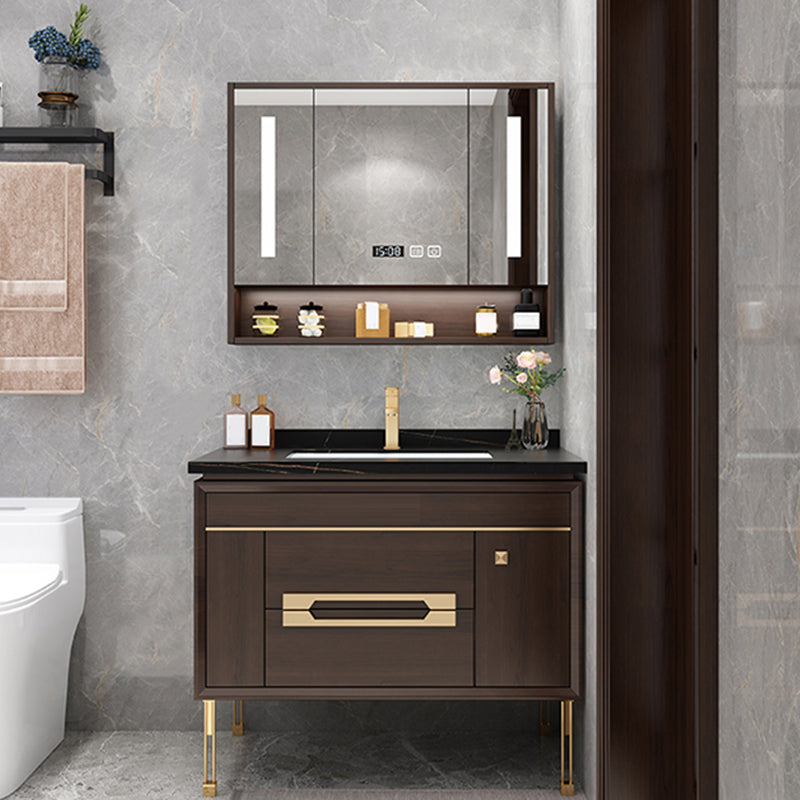 Freestanding Vanity Mirror Rectangle Single Sink Wood Frame Vanity Set with Drawers