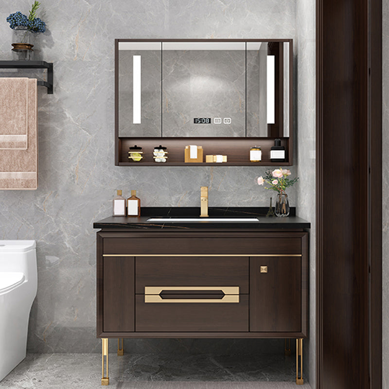 Freestanding Vanity Mirror Rectangle Single Sink Wood Frame Vanity Set with Drawers