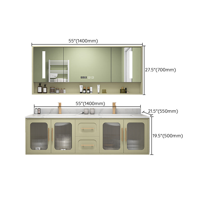 Double Sink Bath Vanity 2 Drawers Wall Mount Rectangle Vanity Set with Mirror