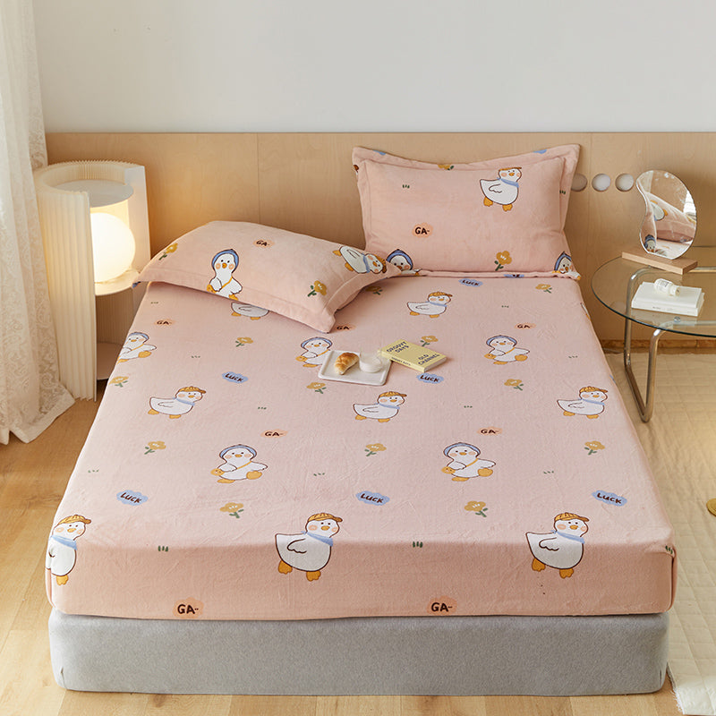 Fitted Sheet Cartoon Pattern Flannel Non-Pilling Fade Resistant Bed Sheet Set