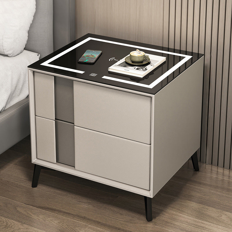 Glass and Wood Night Table Modern Minimalist Bedside Table with Drawers