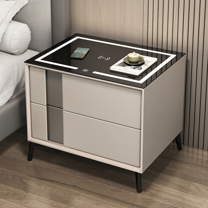 Glass and Wood Night Table Modern Minimalist Bedside Table with Drawers