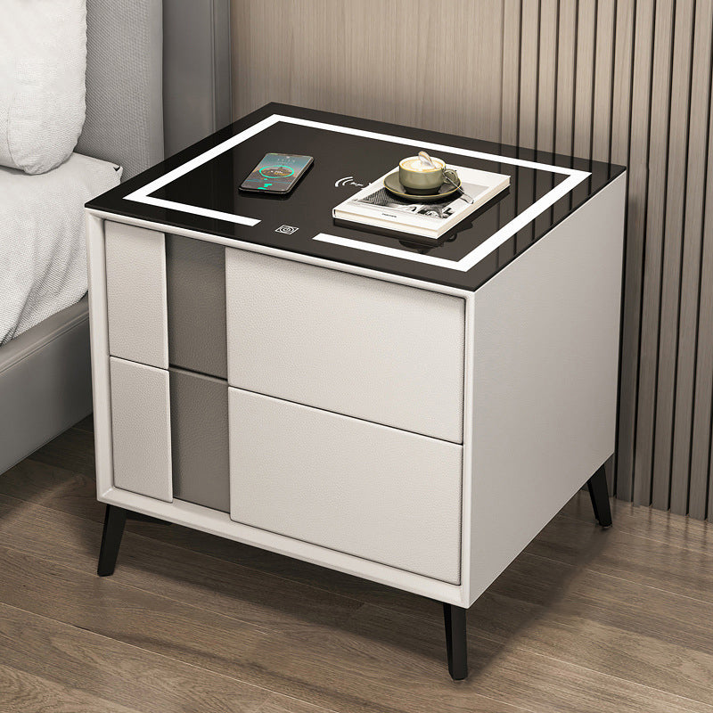 Glass and Wood Night Table Modern Minimalist Bedside Table with Drawers