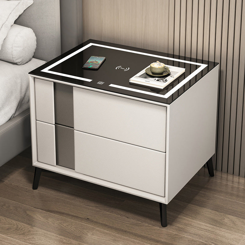 Glass and Wood Night Table Modern Minimalist Bedside Table with Drawers