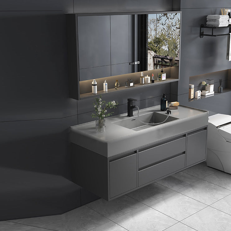 Single Sink Grey Vanity Shelving Included Mirror Rectangle Vanity with 2 Drawers