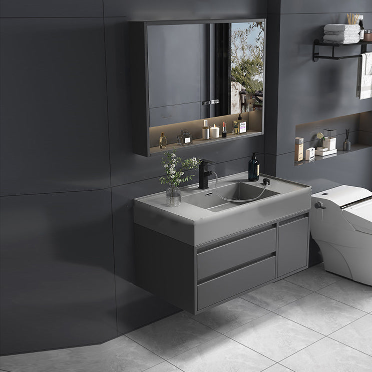 Single Sink Grey Vanity Shelving Included Mirror Rectangle Vanity with 2 Drawers