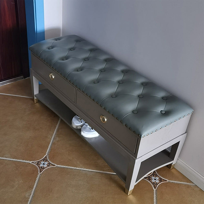 Rubber Wood Seating Bench Genuine Leather Rectangle Shoe Storage Entryway Bench