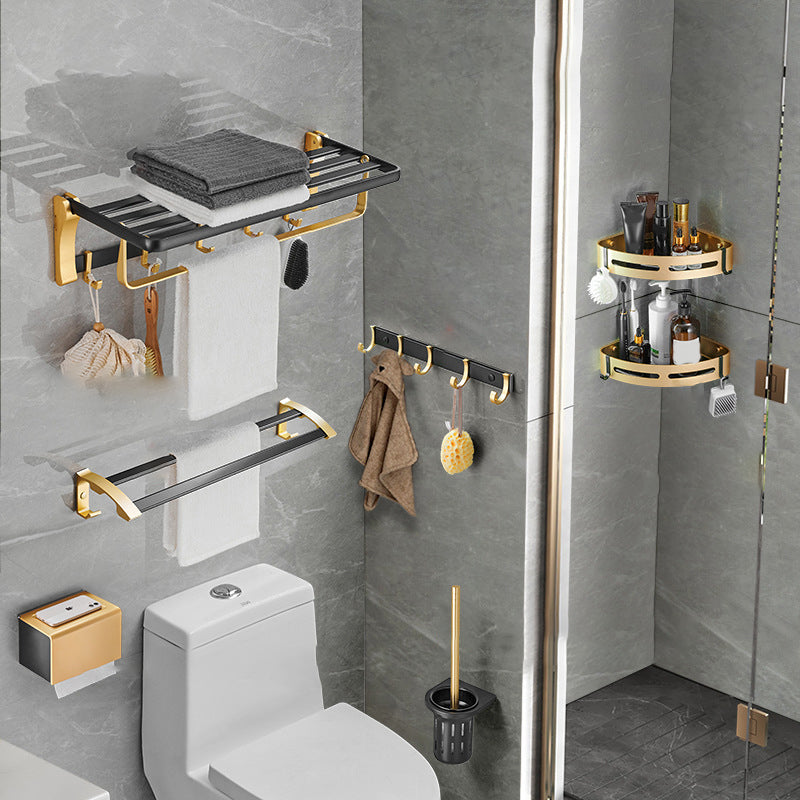 Contemporary Bathroom Accessory Set Black & Golden Bath Shelf/Towel Bar