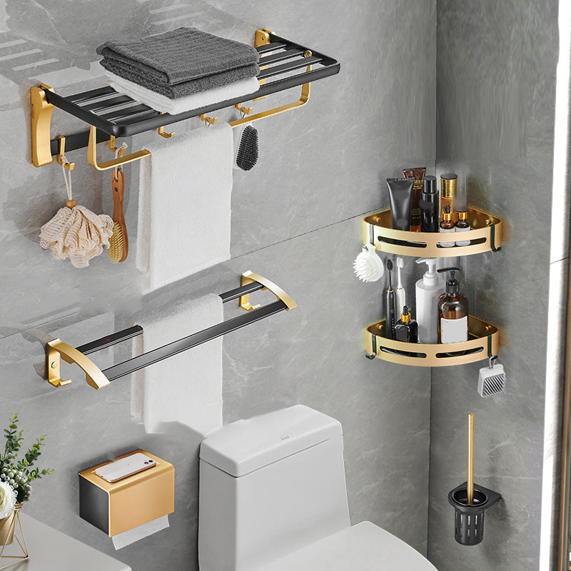 Contemporary Bathroom Accessory Set Black & Golden Bath Shelf/Towel Bar