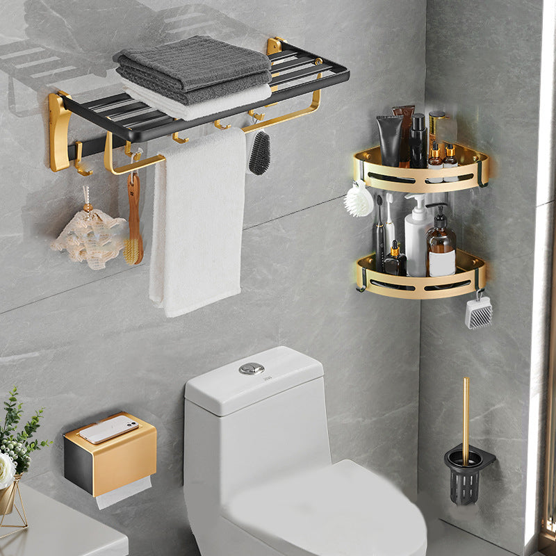 Contemporary Bathroom Accessory Set Black & Golden Bath Shelf/Towel Bar