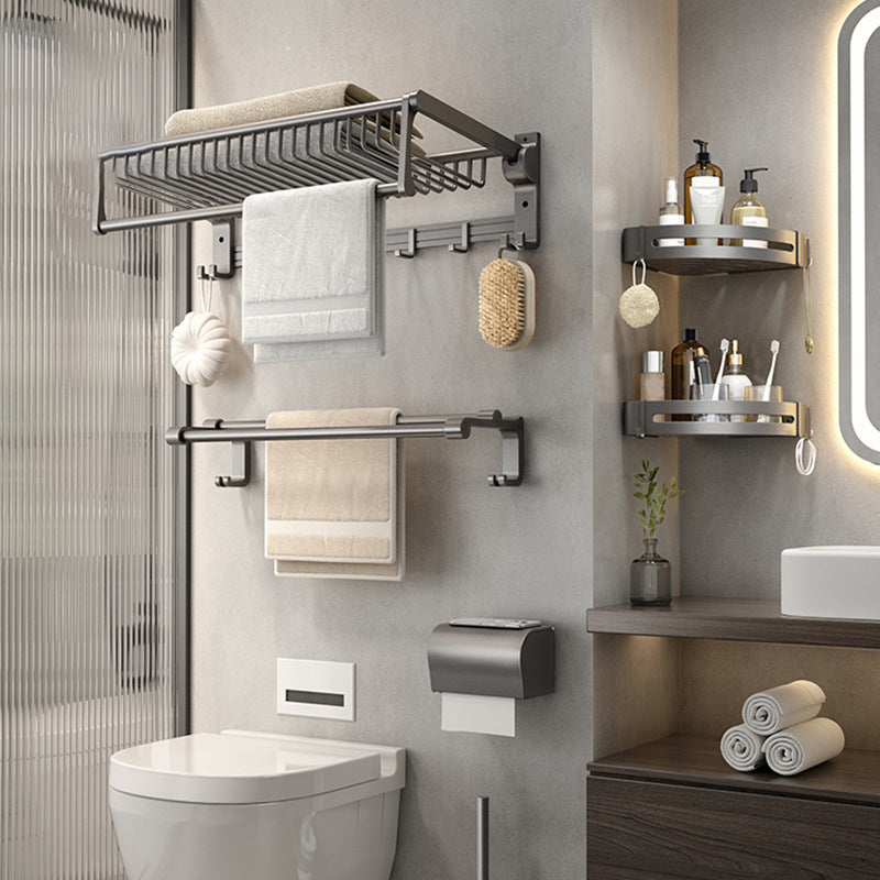 Gray Contemporary Bathroom Accessory Set Bath Shelf/Towel Bar & Robe Hooks Included