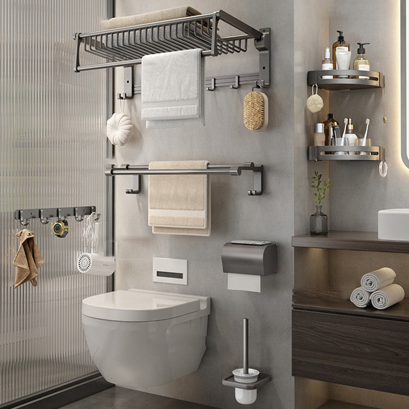 Gray Contemporary Bathroom Accessory Set Bath Shelf/Towel Bar & Robe Hooks Included