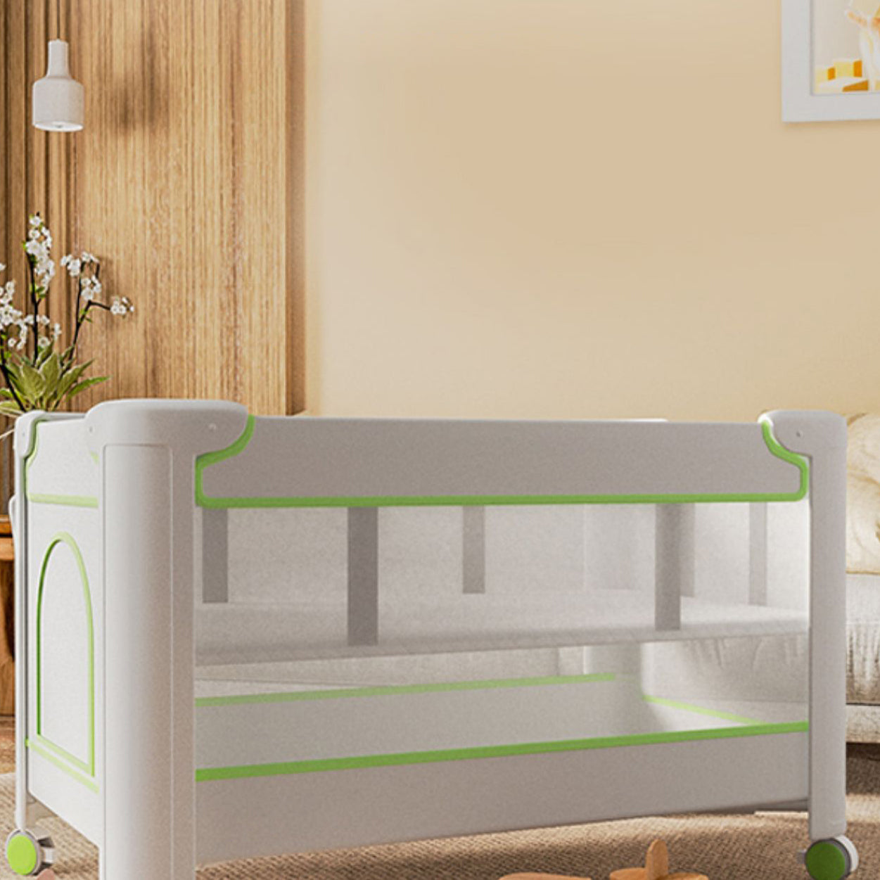 Assembled Crib Convertible Folding Crib with Wheels in White