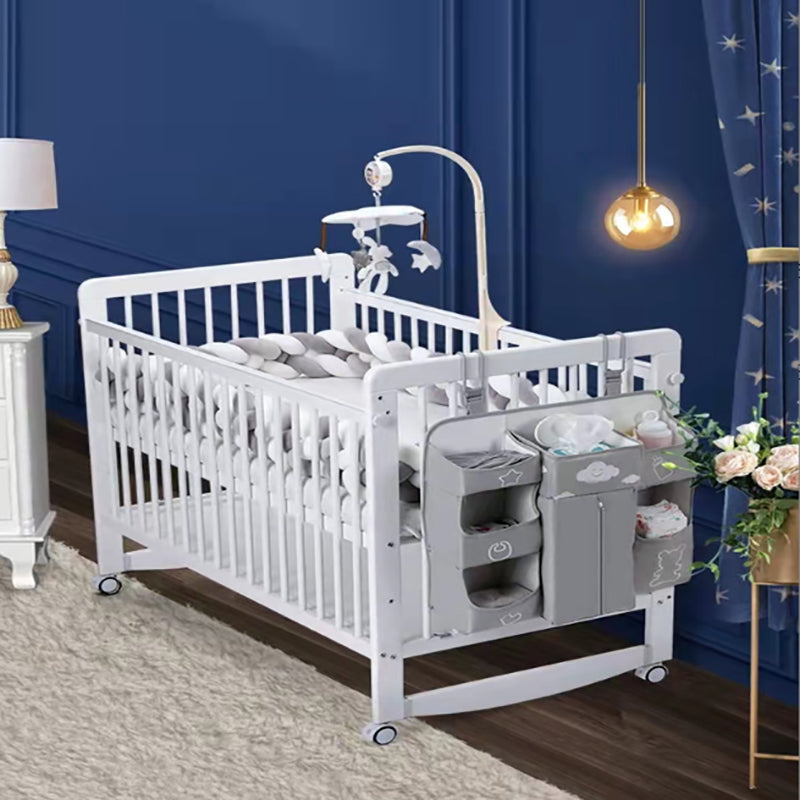 Crib with Guardrail in White Adjustable Height and Storage Crib