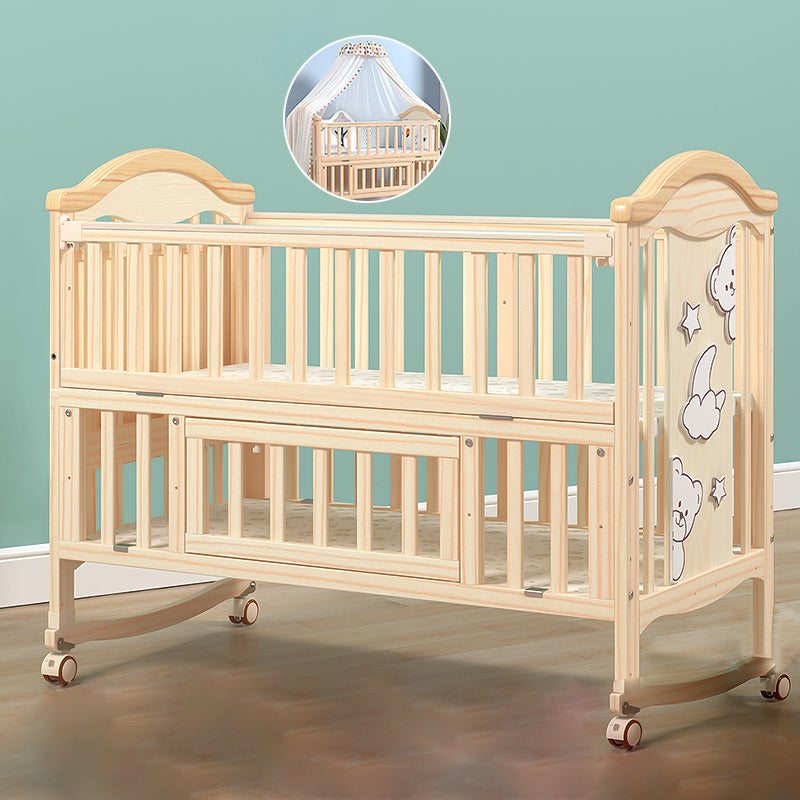 Contemporary 3-in-1 Natural Solid Wood Convertible Baby Bed with Wheels