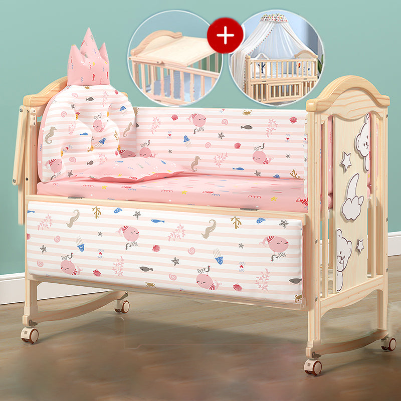 Contemporary 3-in-1 Natural Solid Wood Convertible Baby Bed with Wheels