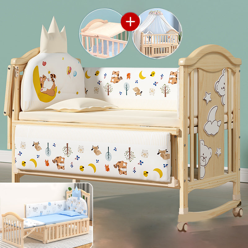 Contemporary 3-in-1 Natural Solid Wood Convertible Baby Bed with Wheels