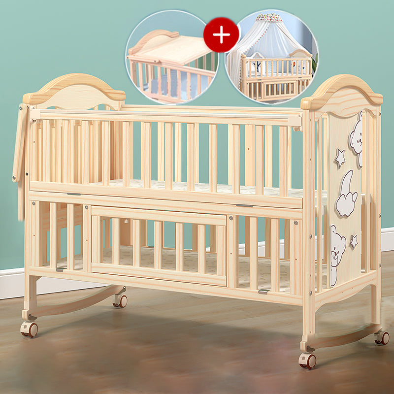 Contemporary 3-in-1 Natural Solid Wood Convertible Baby Bed with Wheels