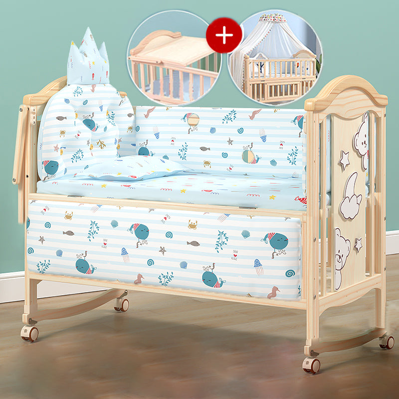 Contemporary 3-in-1 Natural Solid Wood Convertible Baby Bed with Wheels