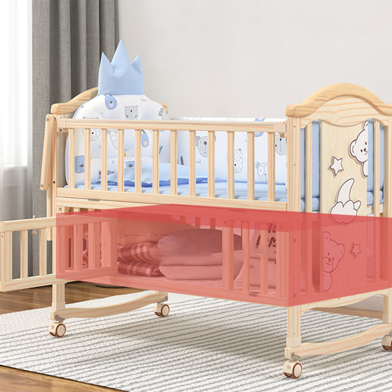 Contemporary 3-in-1 Natural Solid Wood Convertible Baby Bed with Wheels