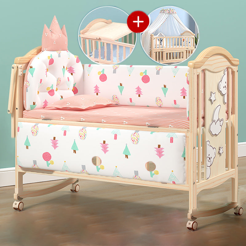 Contemporary 3-in-1 Natural Solid Wood Convertible Baby Bed with Wheels