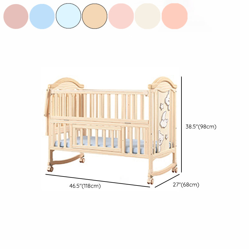 Contemporary 3-in-1 Natural Solid Wood Convertible Baby Bed with Wheels