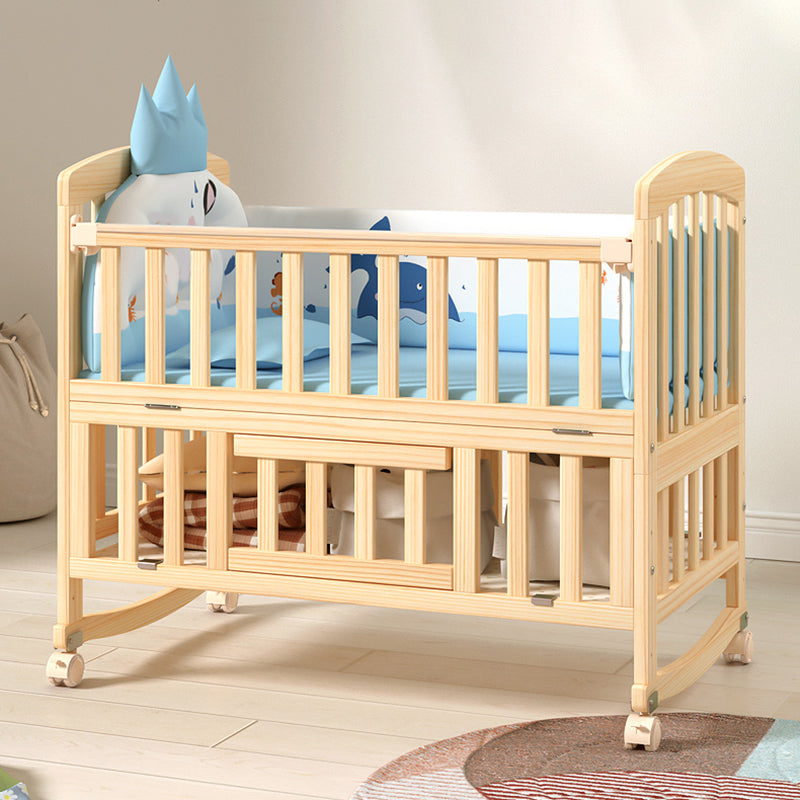 Contemporary 3-in-1 Solid Wood Convertible Baby Crib with Wheels and Storage