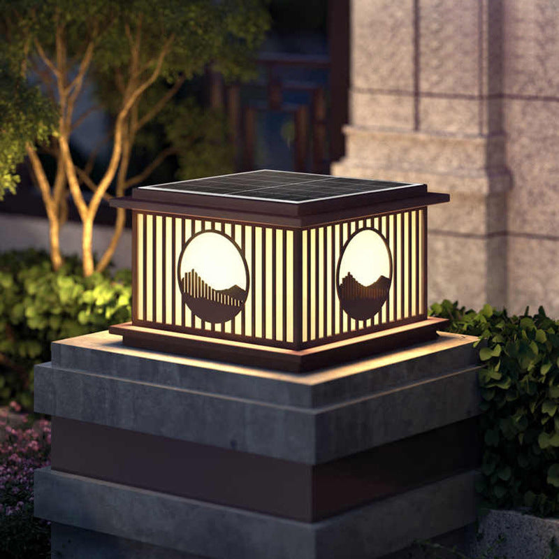 Metal Square Shape Outdoor Lights Modern Style 1 Light Solar Pillar Lamp in Black