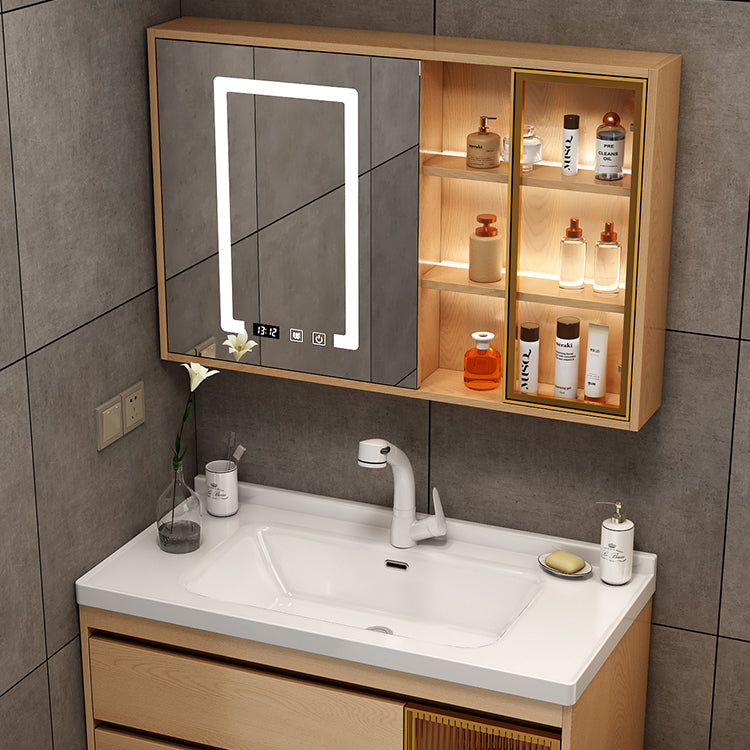 Wall Mount Vanity Mirror Single Sink Rectangle Door Wood Vanity with Drawers