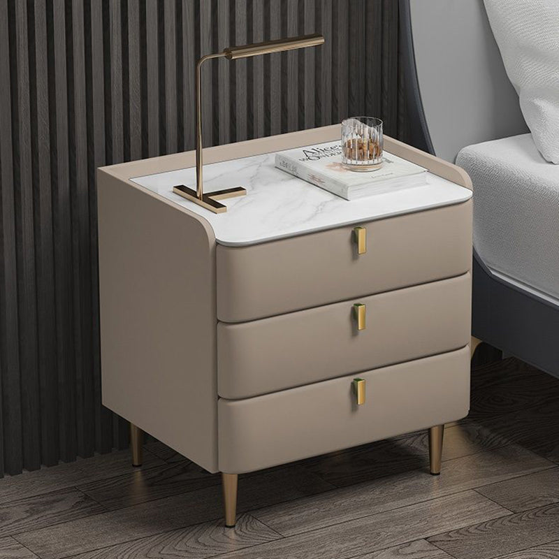 Classic Glam Bed Nightstand Stone Bedside Cabinet with 3 Drawers