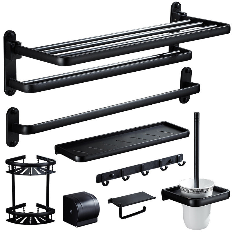 Contemporary 8-Piece Bathroom Hardware Set Matte Black Bath Shelf/Paper Holder/Robe Hooks