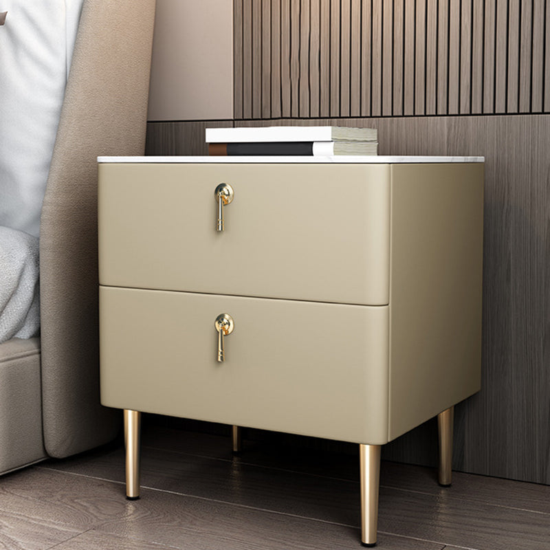 Classic Glam Accent Table Nightstand Stone Bedside Cabinet with Drawers