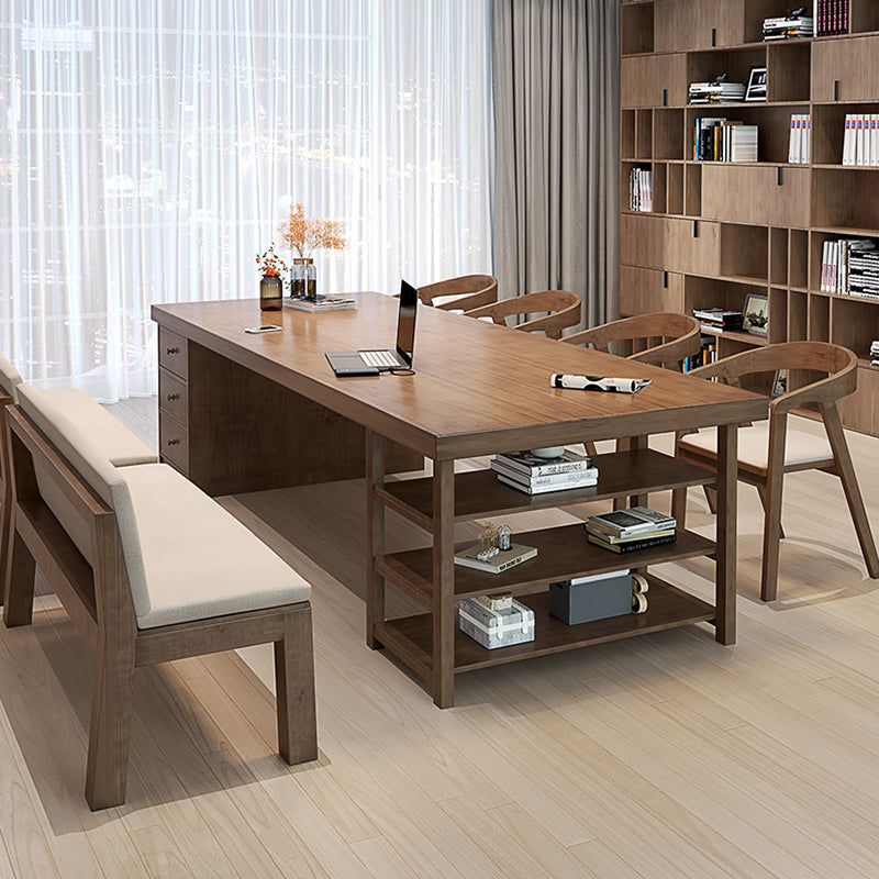 Modern Solid Wood Office Desk Rectangle Task Desk with Drawers and Shelves