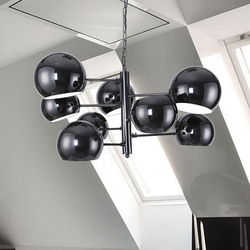 Black Globe Chandelier Simple 8-Light Iron LED Pendant Light with Hanging Rod for Office