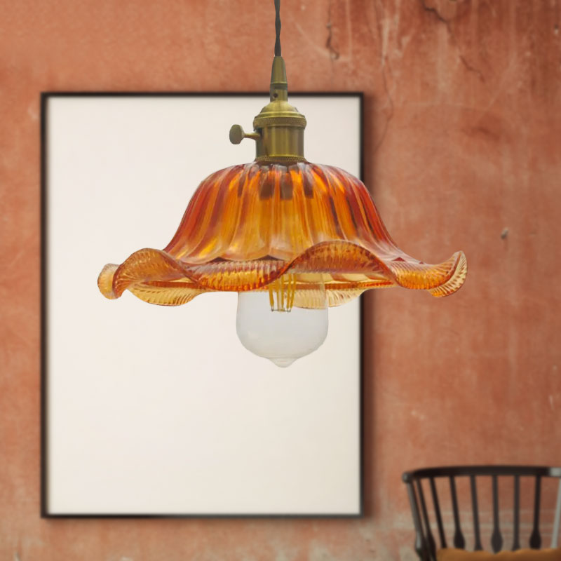 8 "/10"/12 "brede geschulpte hangerverlichting Vintage 1 licht geribbelde glashangende lamp in geel voor woonkamer