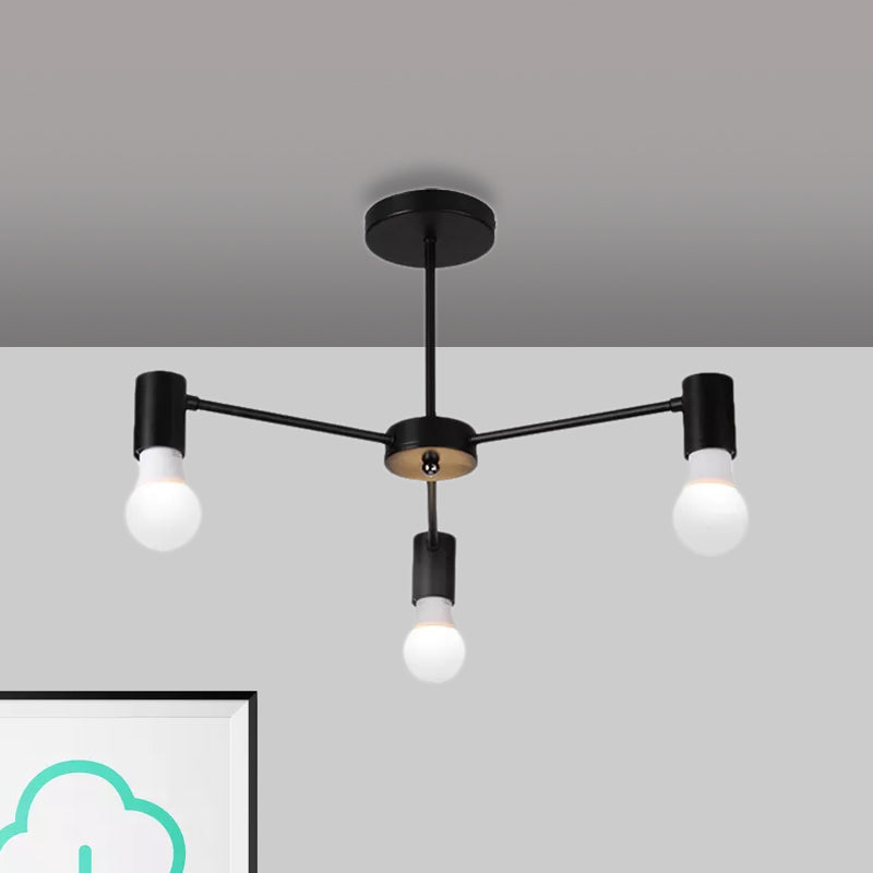 3/5 Heads Semi Flush Light with Open Bulb Metallic Industrial Style Bedroom Ceiling Light Fixture in Black/White