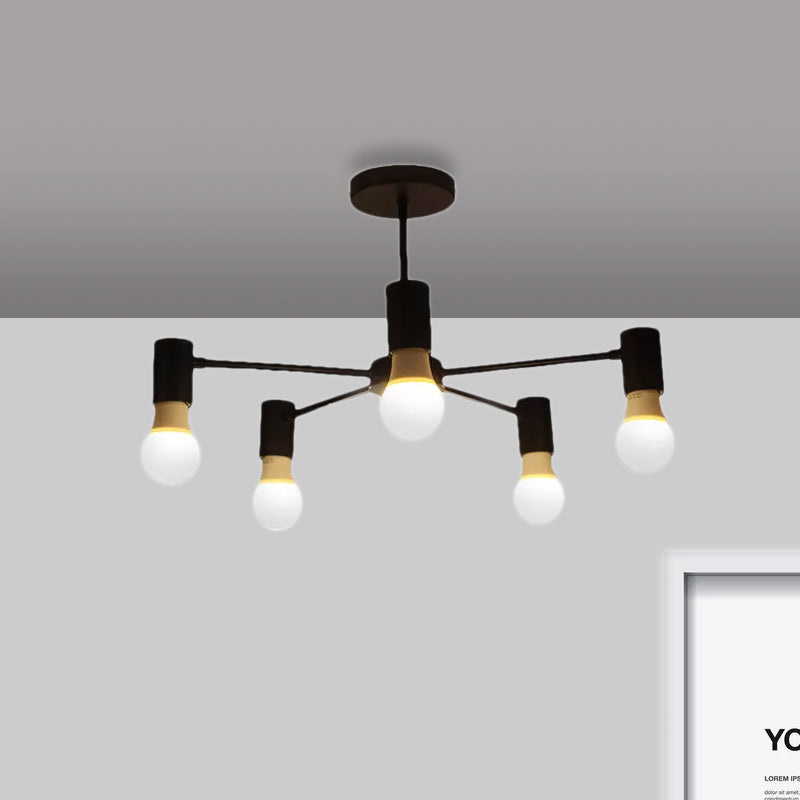 3/5 Heads Semi Flush Light with Open Bulb Metallic Industrial Style Bedroom Ceiling Light Fixture in Black/White