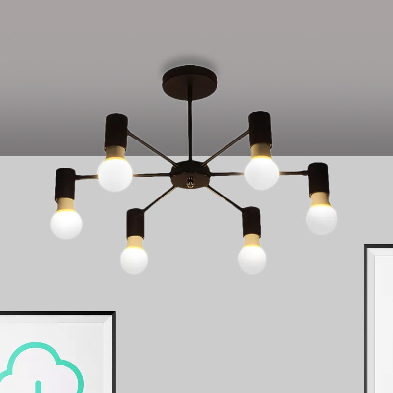 3/5 Heads Semi Flush Light with Open Bulb Metallic Industrial Style Bedroom Ceiling Light Fixture in Black/White