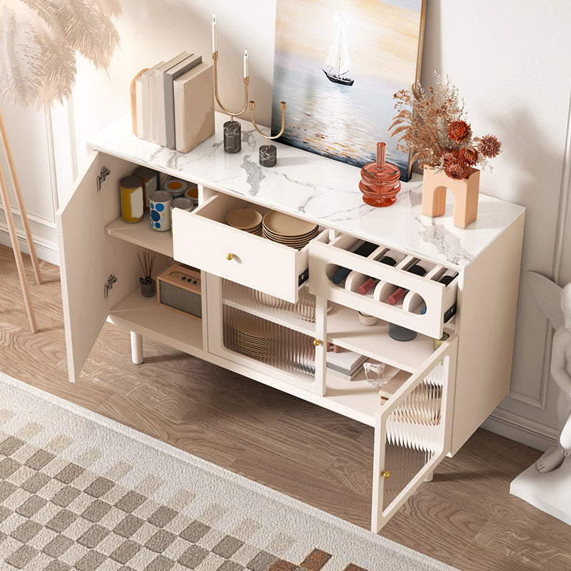 Glam Style Credenza Stone Glass Doors Buffet Sideboard with Drawers and Cabinets