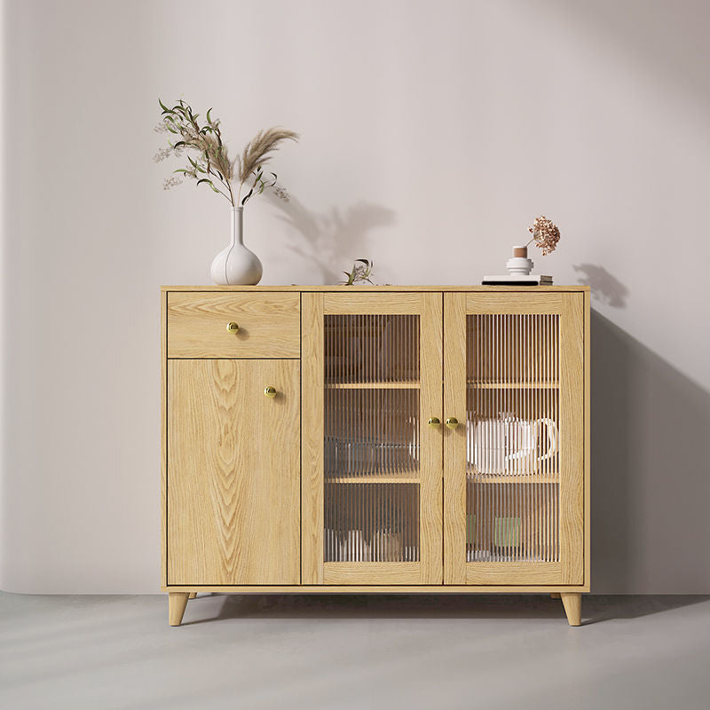 Wood Credenza Contemporary Glass Doors Server with Cabinets and Drawers