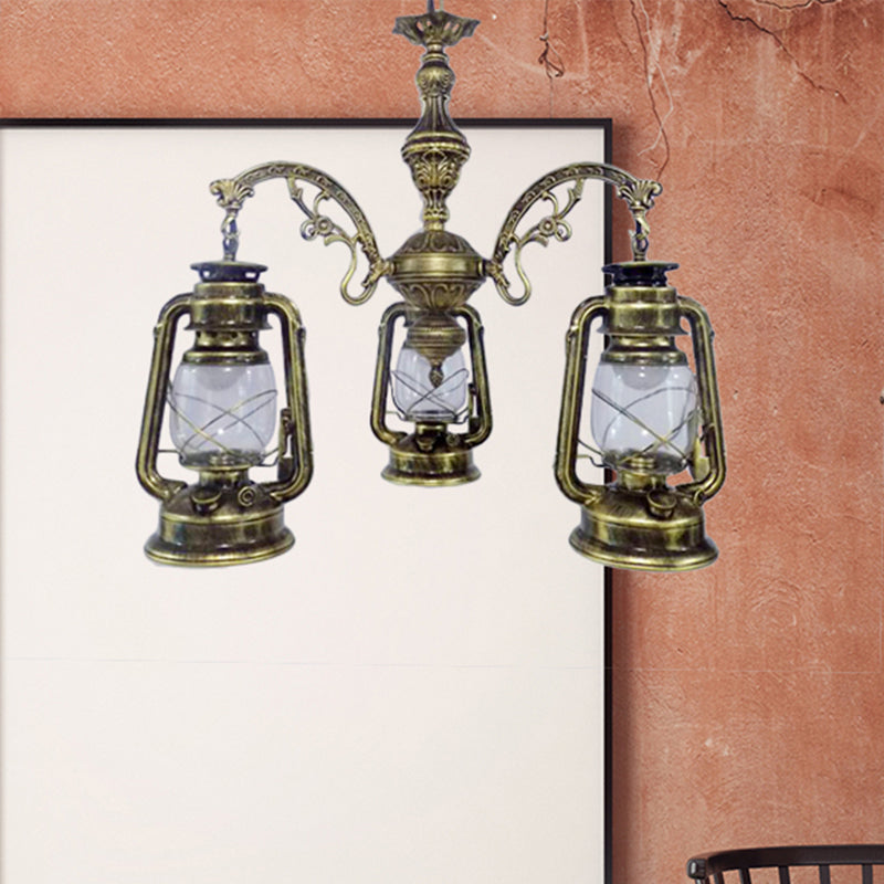 Clear Glass Black/Silver/Red Chandelier Light Lantern 3-Light Industrial Pendant Lamp for Kitchen
