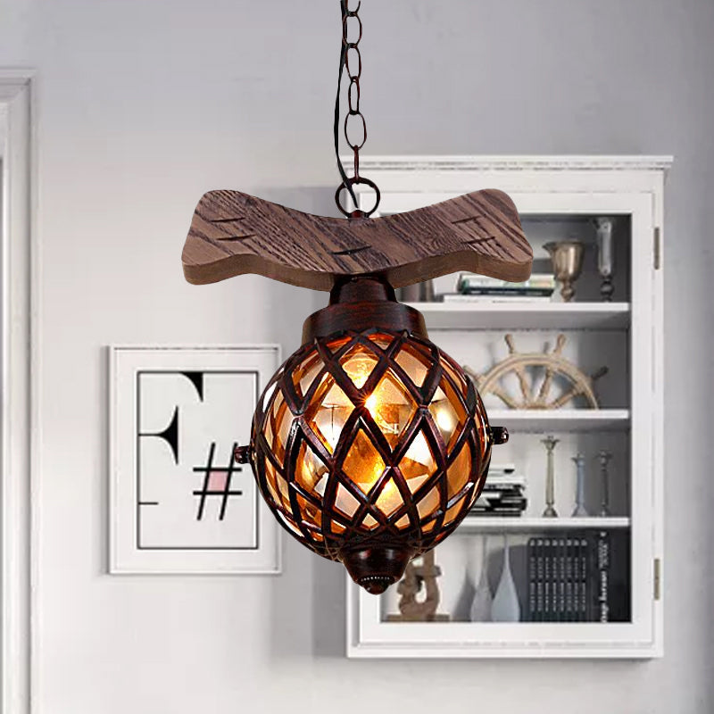 Amber Glass Ball Pendant Lamp with Wooden Base 1 Light Country Ceiling Hanging Light in Copper