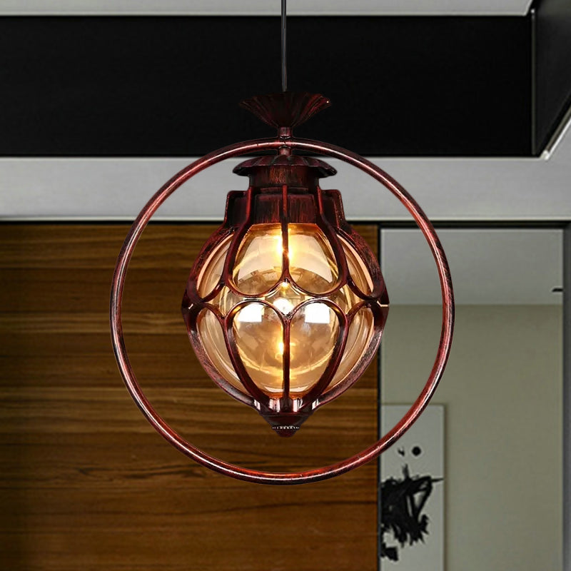 Lampada a sospensione a sfera di vetro ambra con base in legno 1 Luce Luce appennata in rame in rame