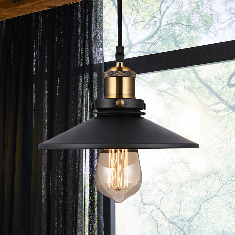 Schwarze konische Deckenleuchte Vintage -Stil Metallic 1 Lampen Wohnzimmer Hanges Anhänger Licht mit Riemenscheibe