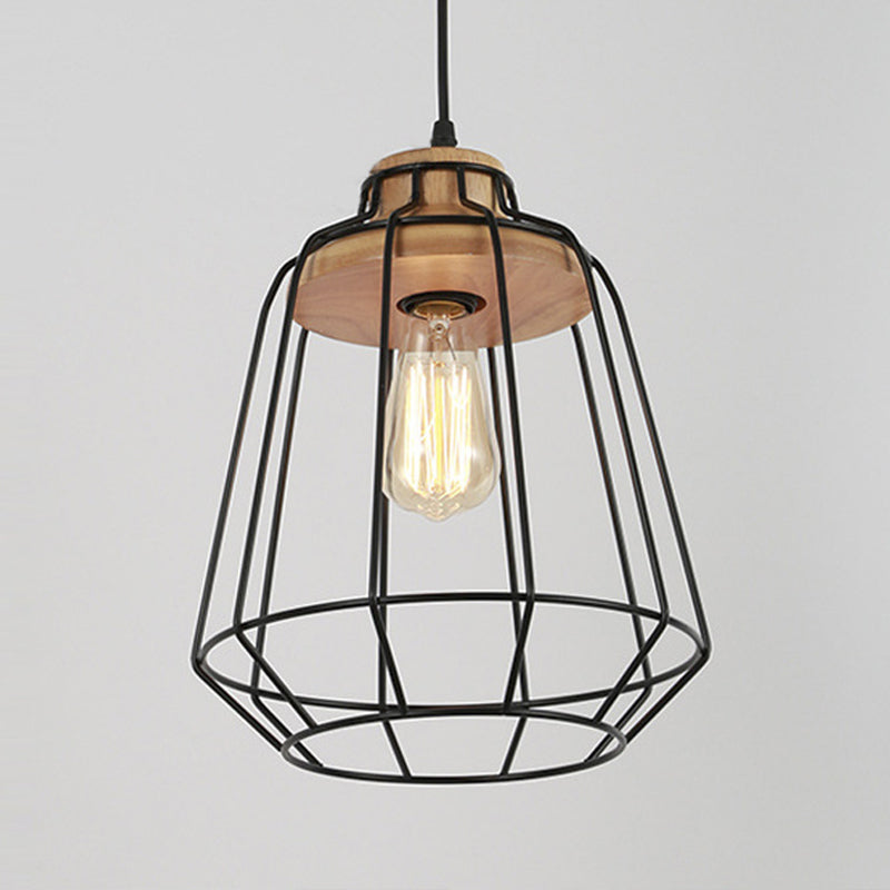 1 Head Hanging Pendant Light with Barrel/Cylinder Cage Shade Metal Retro Style Bedroom Hanging Lamp in Black